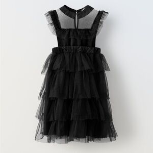 Zara Wednesday Adam’s Black Dress Tule Ruffle Victorian Peter Pan Collar